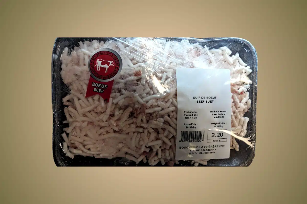 Package of frozen beef suet found at the local butcher shop