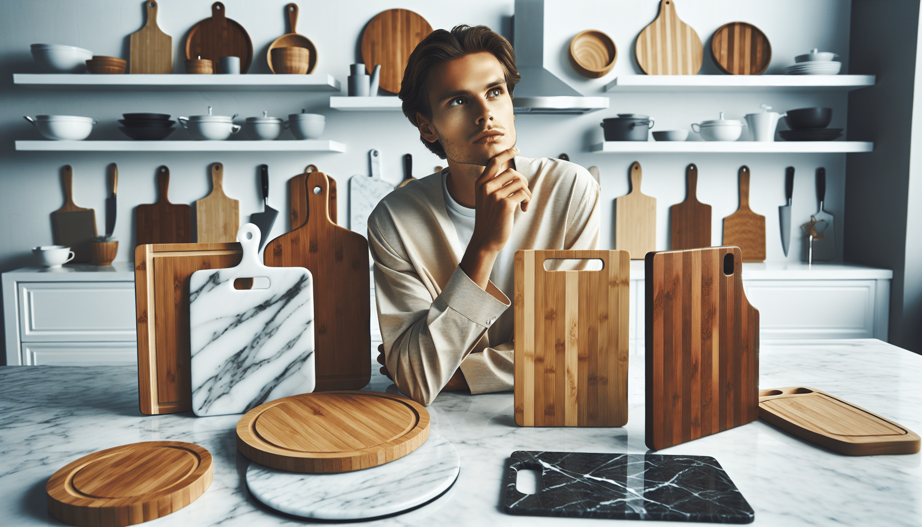 Person considering different cutting board materials and sizes