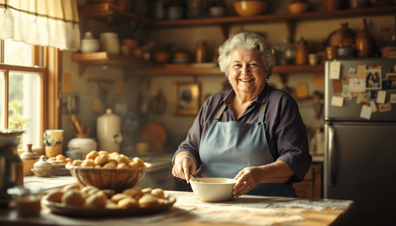 A nostalgic scene of a grandmother baking in the kitchen, surrounded by family recipes.