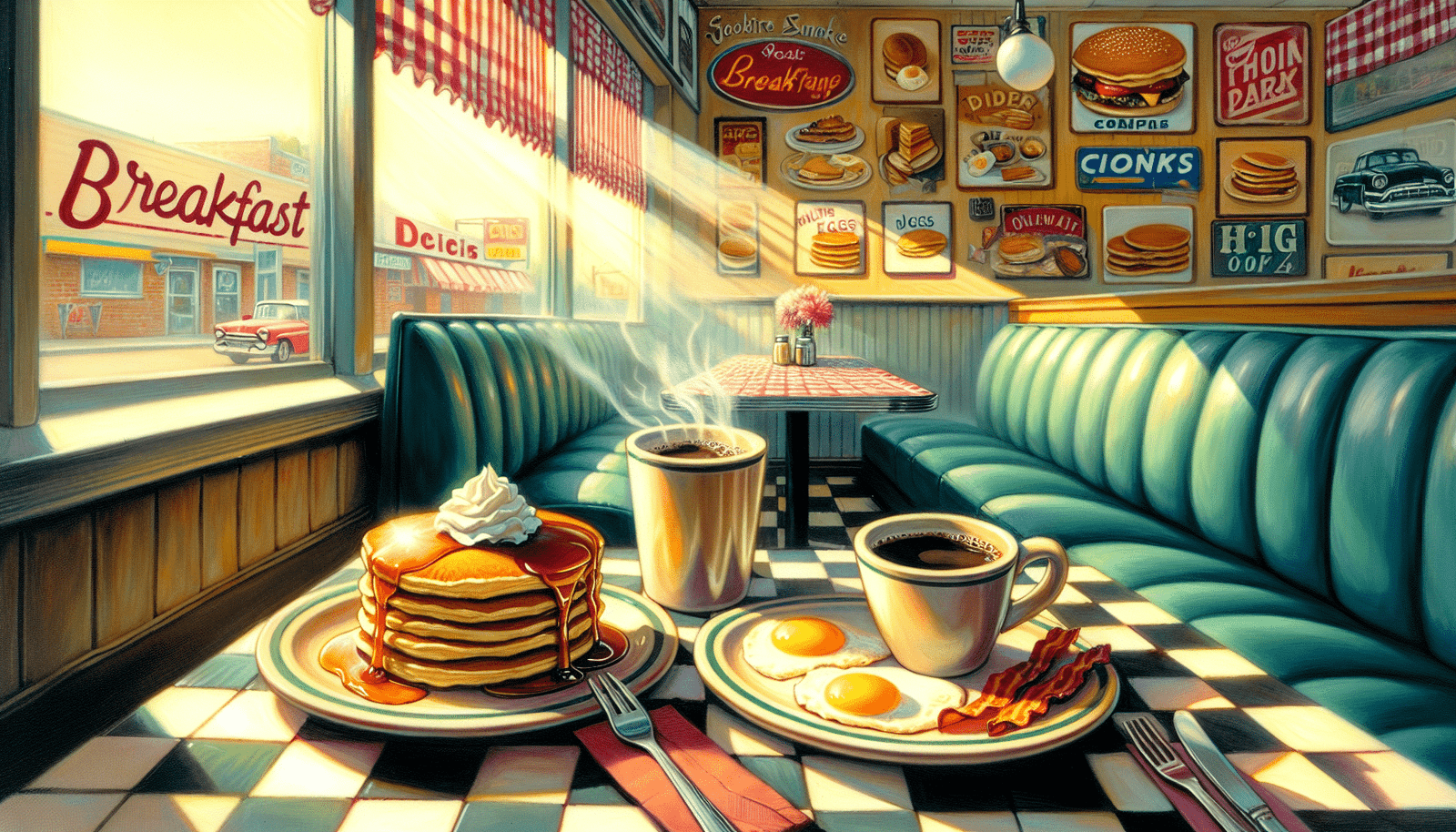 A charming drawing of the best breakfast spots at roadside diners, featuring classic breakfast dishes.