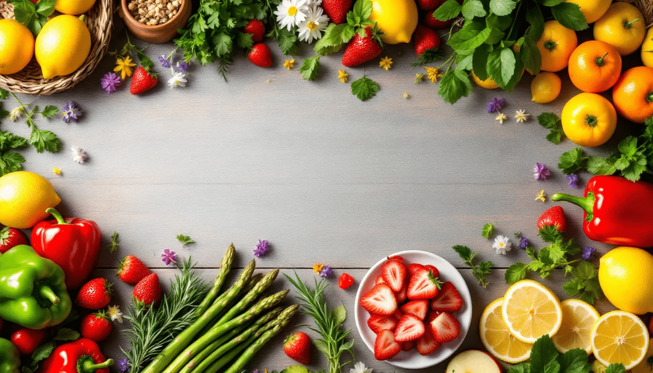 An assortment of fresh vegetables and fruits representing clean eating.