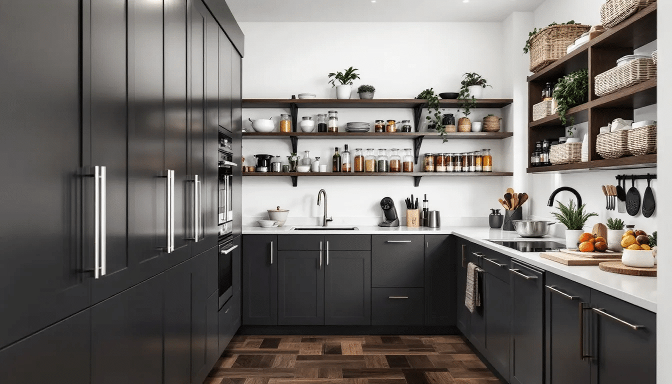 Optimized shelf space in a pantry with various storage solutions.