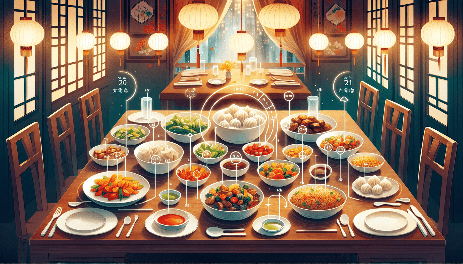 An illustration depicting portion control tips at Chinese restaurants, featuring various dishes on a table.