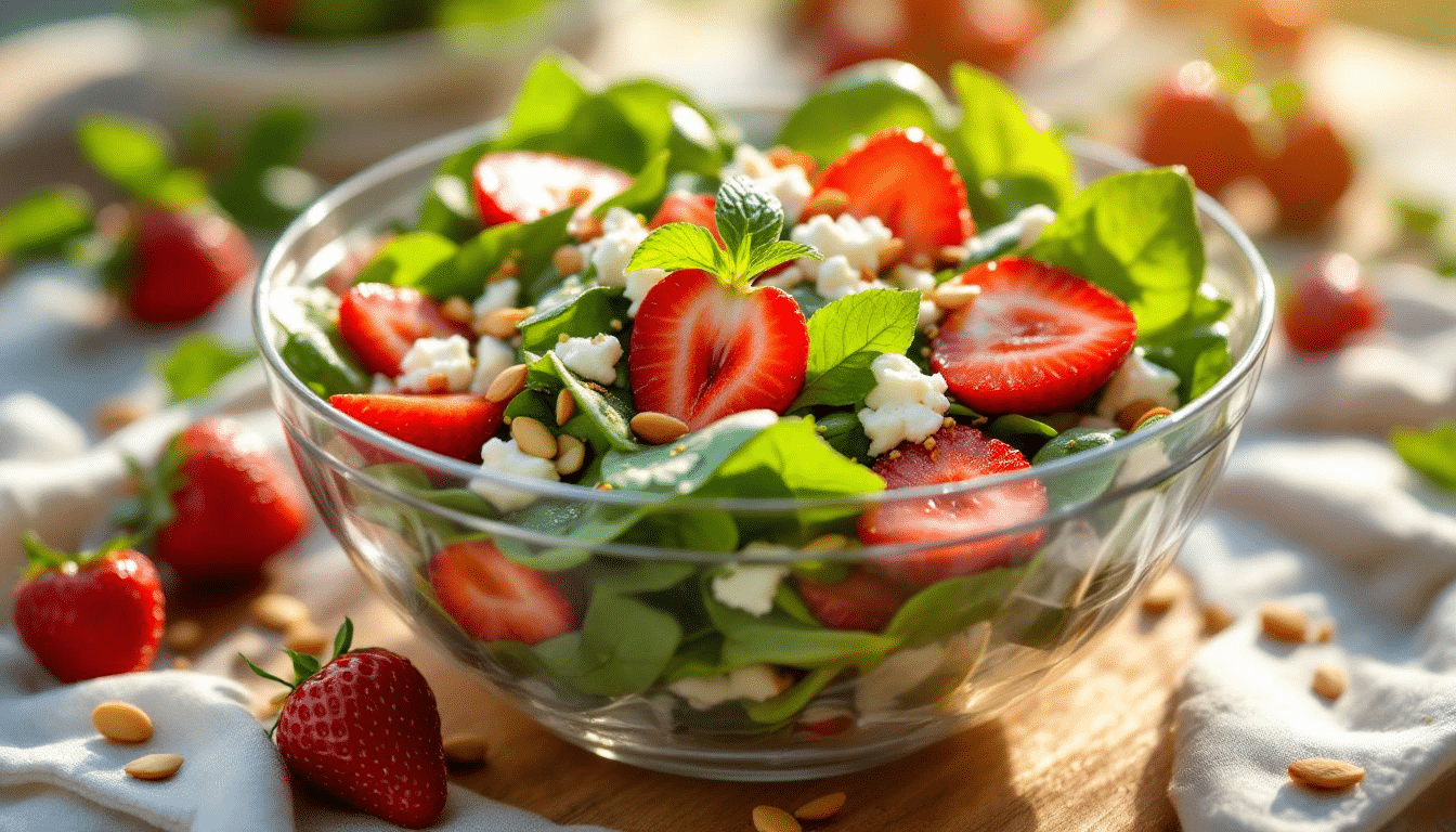 A strawberry spinach salad with balsamic dressing, ideal for springtime lunch recipes for weight loss.