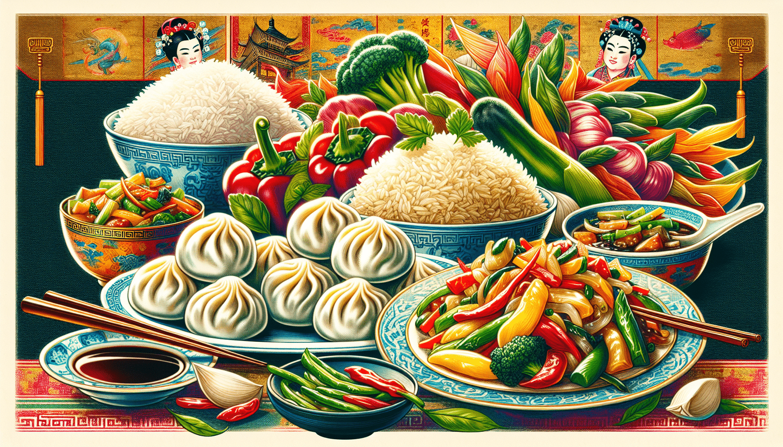 An illustration of various Chinese dishes highlighting carbohydrates.