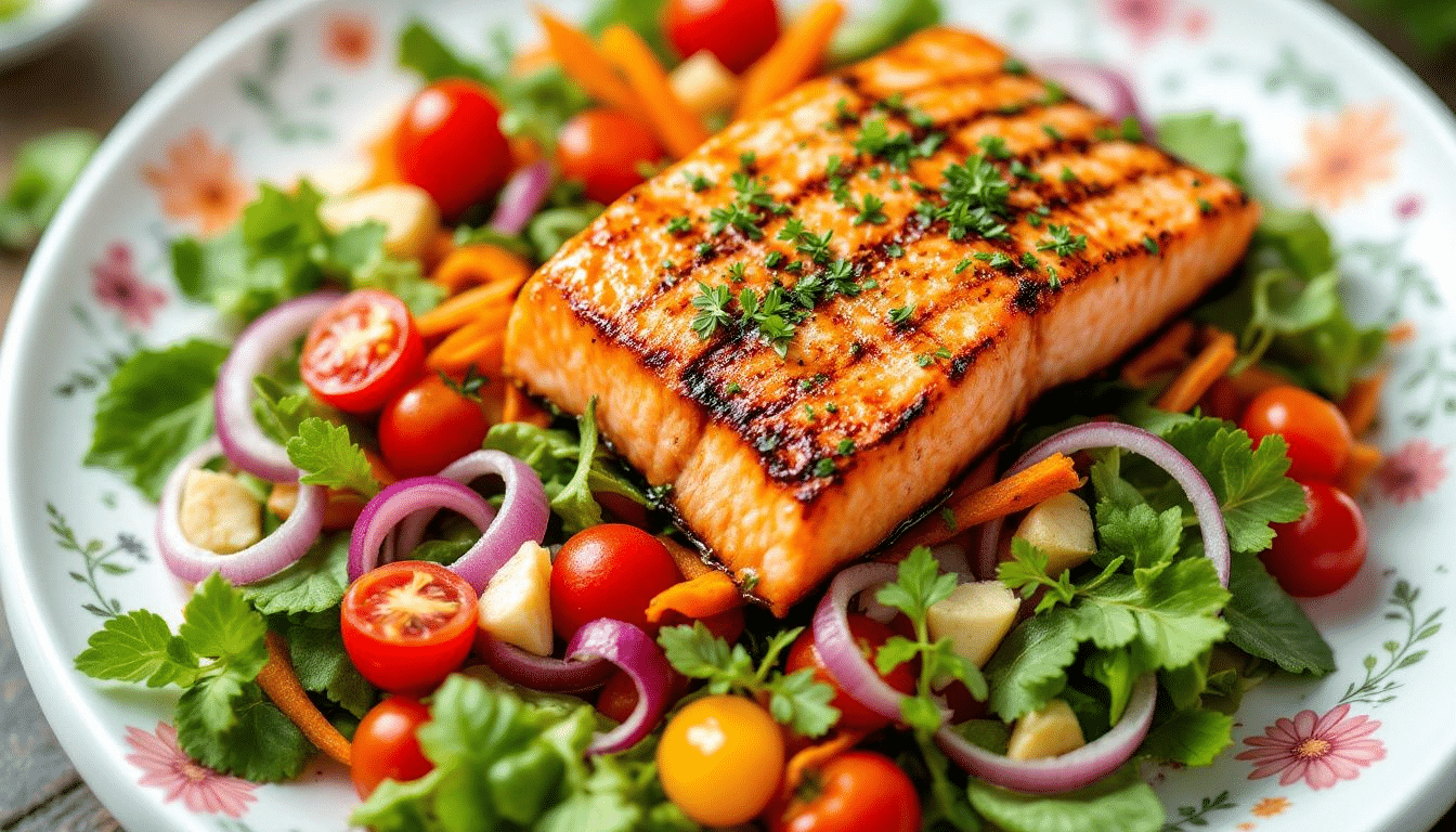 Grilled salmon served with a fresh spring green salad, a delicious healthy dinner option.