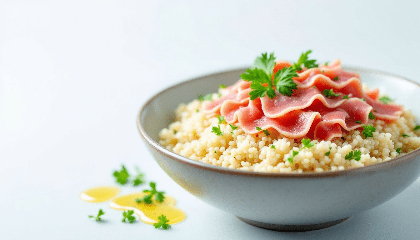 A nutritious tuna and quinoa salad served in a bowl.