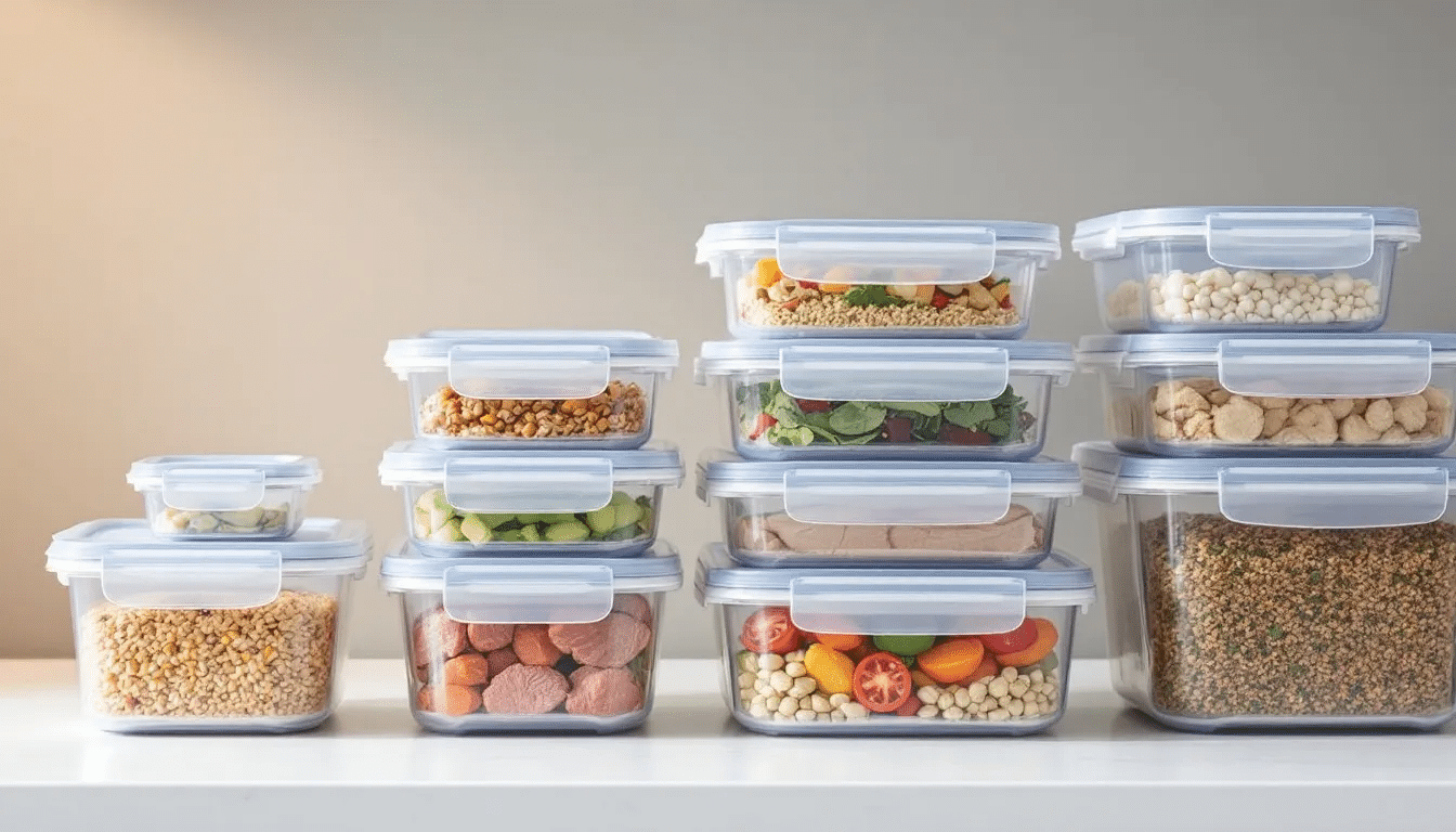 Organized leftovers in plastic containers for easy pantry storage.