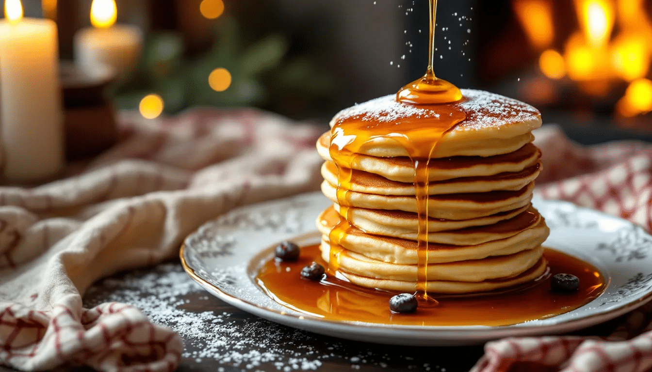 Fluffy pancakes stacked on a plate with syrup drizzling down, perfect for a snowy day breakfast.