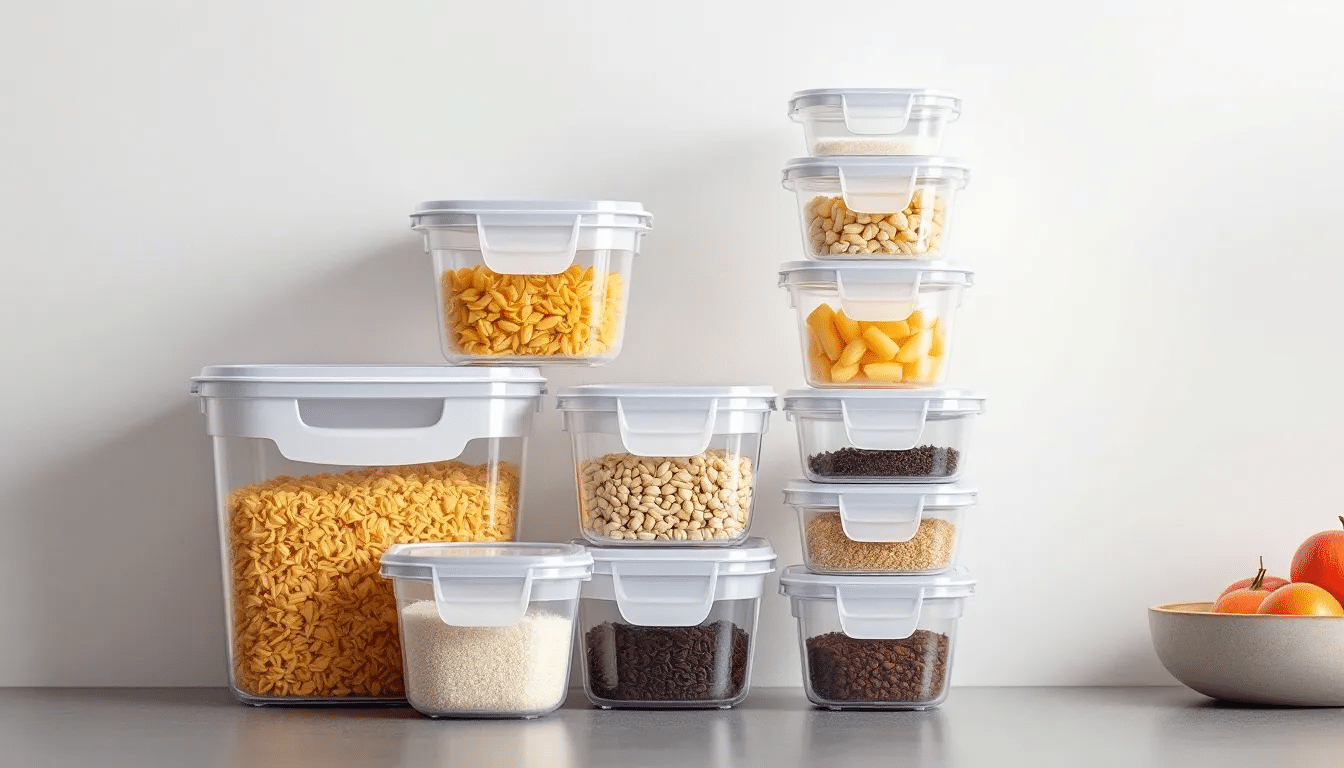 Multiple use plastic containers from takeout for pantry storage.