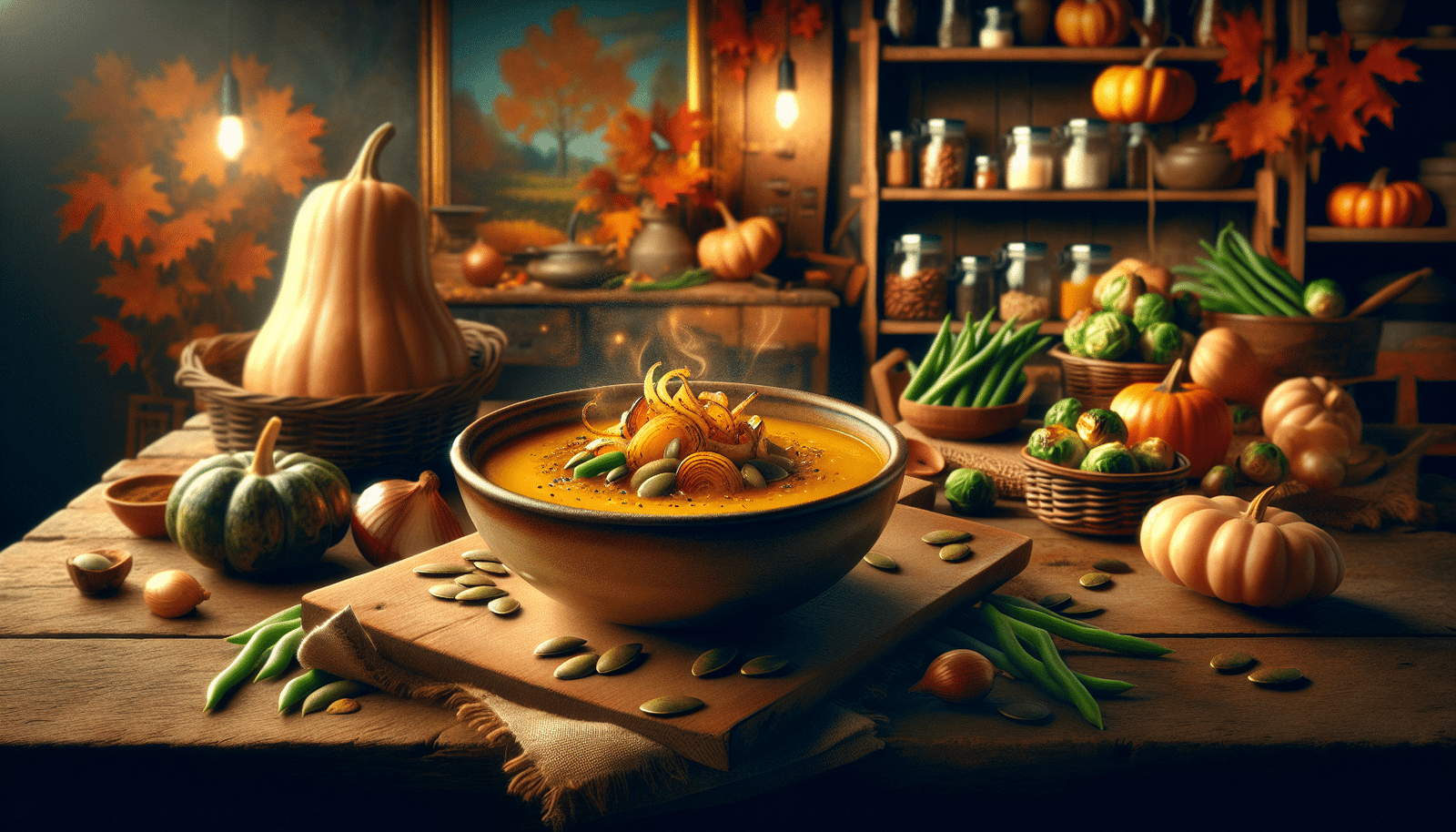 A cozy illustration of a butternut squash dish with seasonal vegetables, perfect for winter veggie meals.