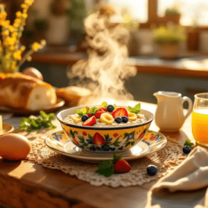A nutritious breakfast featuring eggs and oatmeal.