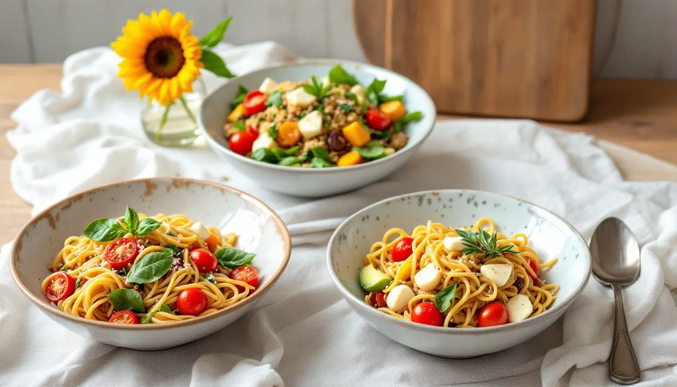Delicious pasta salads ready for lunch.