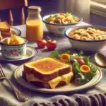 A photo-realistic image of an invitingscene of Emotional Comfort Food Lunches. The table is set with nostalgic dishes like a gooey grilled cheese sandwich