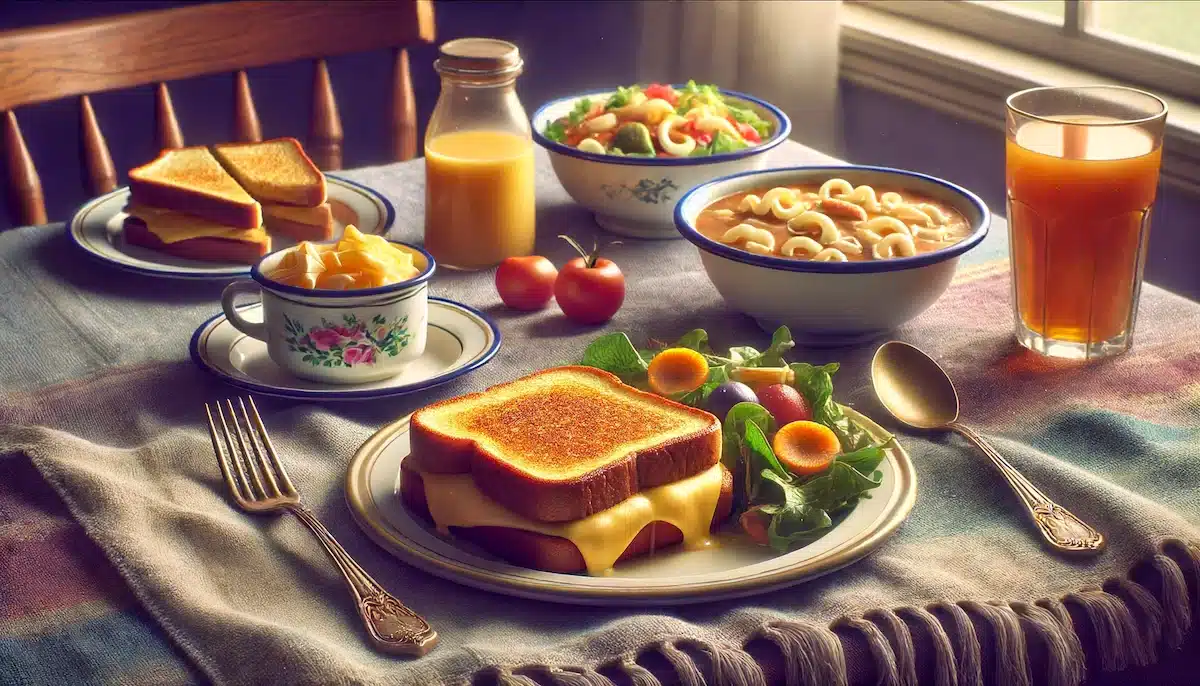A photo-realistic image of an invitingscene of Emotional Comfort Food Lunches. The table is set with nostalgic dishes like a gooey grilled cheese sandwich
