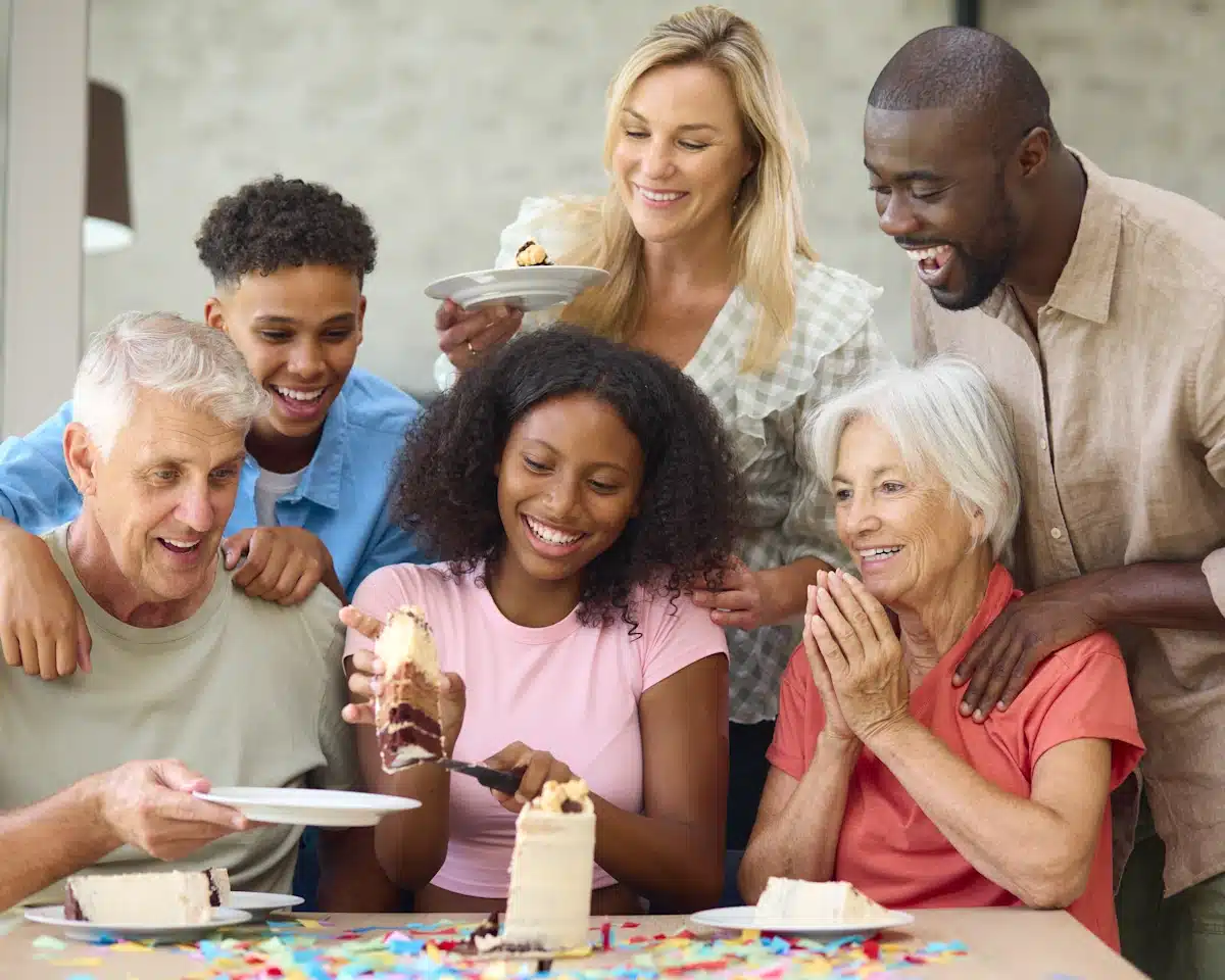 A three generation family at home eating together