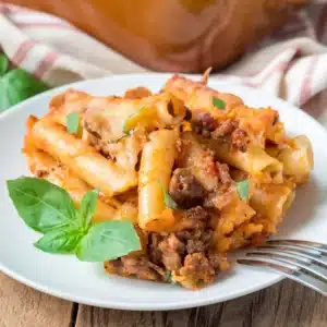 Baked ziti served on a white plate is a family heirloom recipe