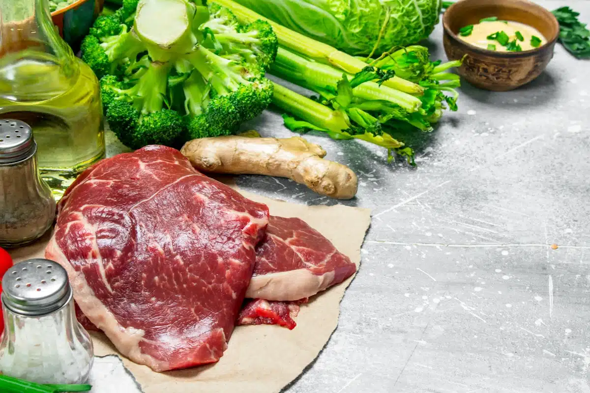 Raw beef and broccoli with ginger and other ingredients