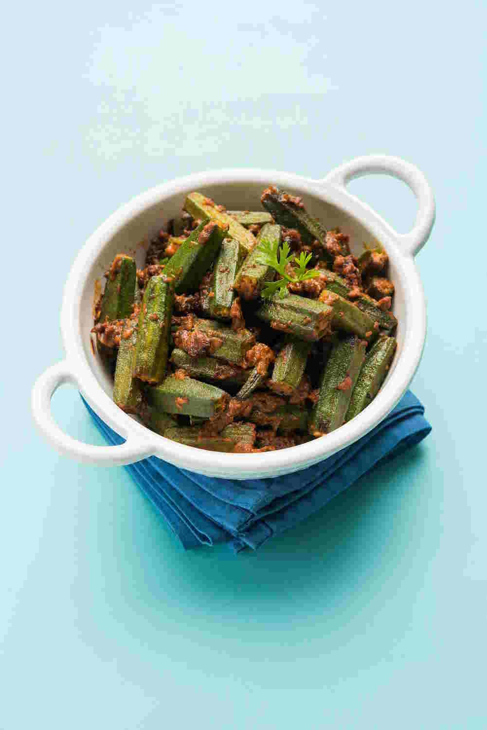 Bhindi okra sabzi in a white bowl