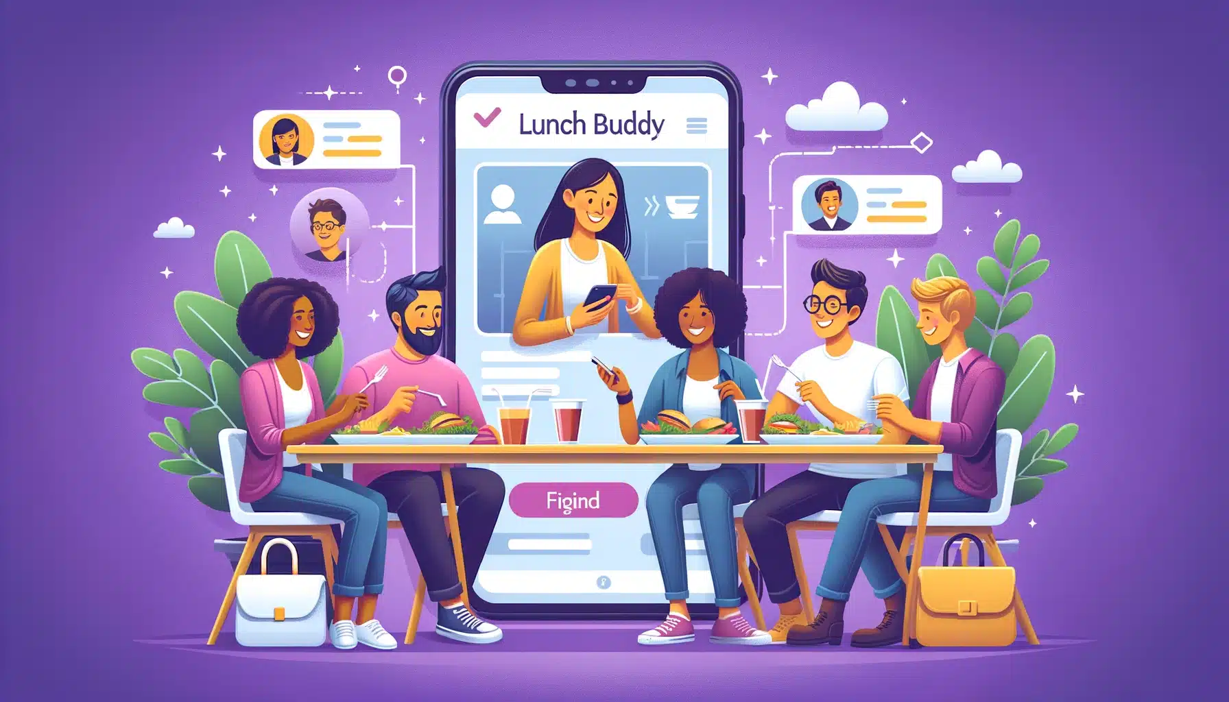 Building-Your-Lunch-Buddy-Network-A-16_9-image-with-a-purple-background-featuring-a-friendly-and-inviting-lunch-scene.-The-image-includes-diverse-individuals-sitting-together-at-a-mode