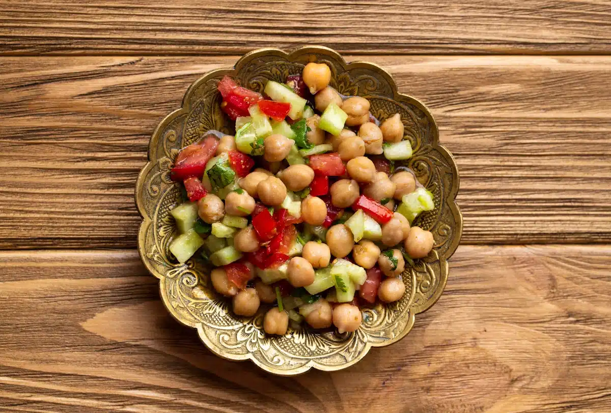 Indian healthy salad with chickpeas and vegetables on wooden rustic background
