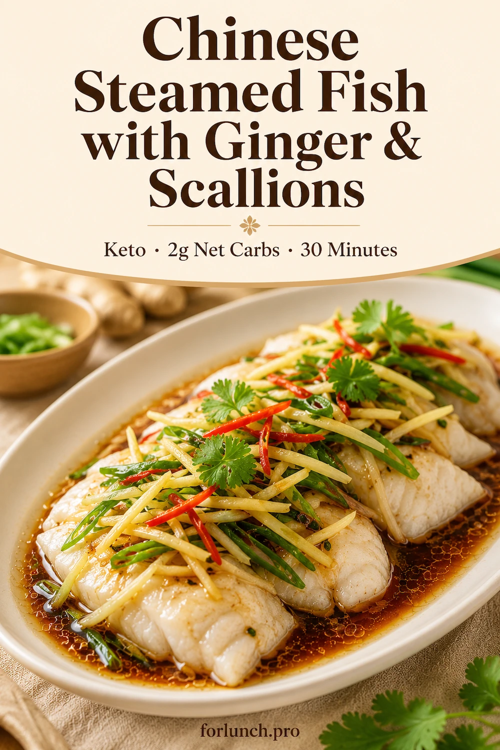 Chinese Steamed Fish With Ginger &Amp; Scallions | Keto 1 Steamed fish garnished with ginger and scallions.