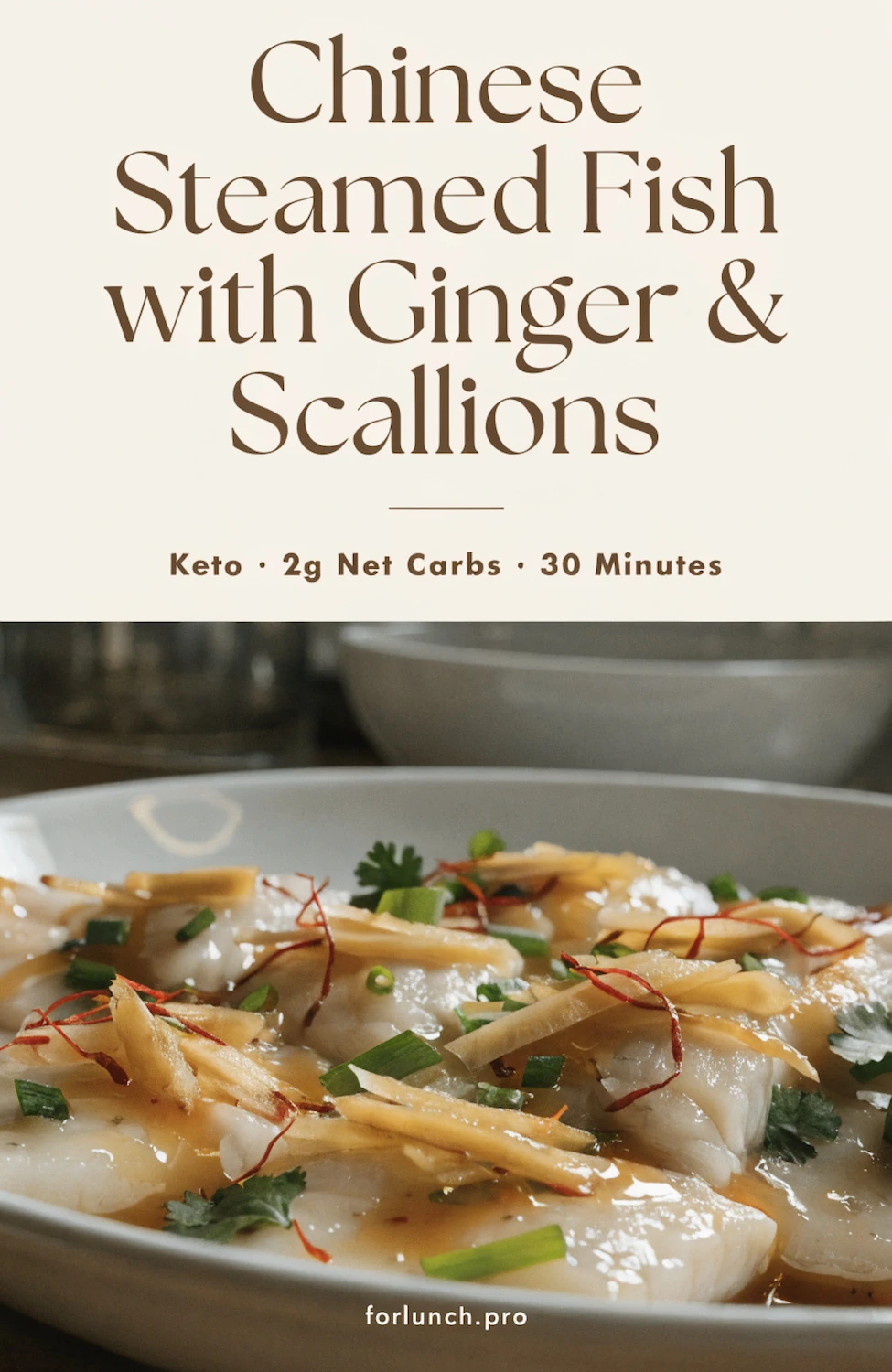Steamed fish garnished with ginger scallions.