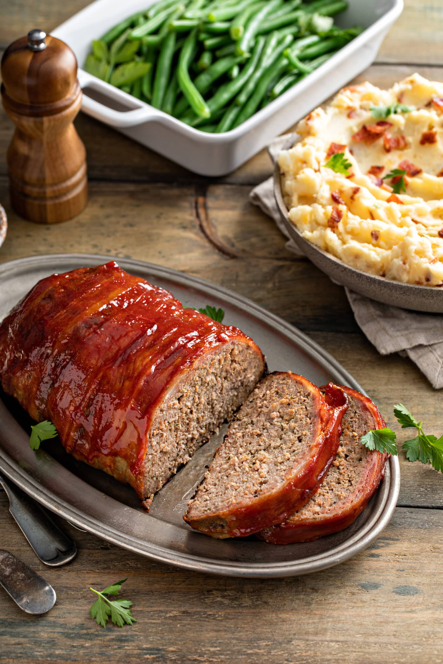 Meatloaf with mashed potatoes and green beans