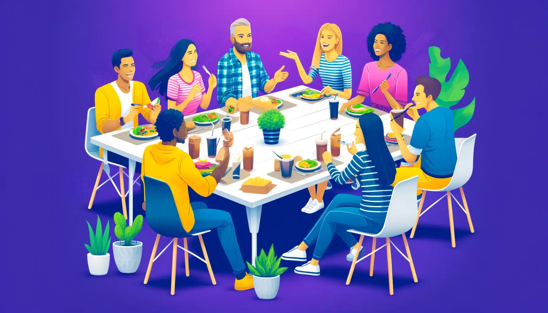 Creating-a-Lunch-Buddy-Network-A-16_9-image-with-a-purple-background-featuring-a-vibrant-and-social-lunch-scene.-The-image-includes-diverse-individuals-sitting-together-at-a-modern