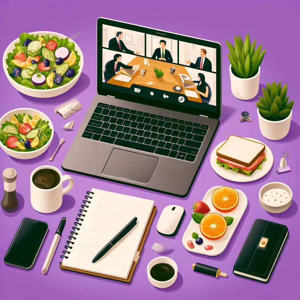 A-square-image-with-a-purple-background-featuring-a-professional-setup-for-a-teleworking-lunch-meeting.-The-scene-includes-a-laptop-with-a-video-confeerence