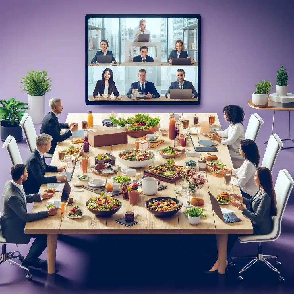 A square image with a purple background featuring an office lunchAt The Office Menu icon meeting setup. The scene includes a modern conference table with diverse colleagues