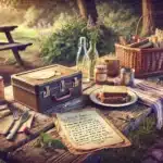 A photo-realistic image depicting Sentimental lunchtime traditions features a picnic setup with a homemade lunchbox, handwritten notes, and family recipes