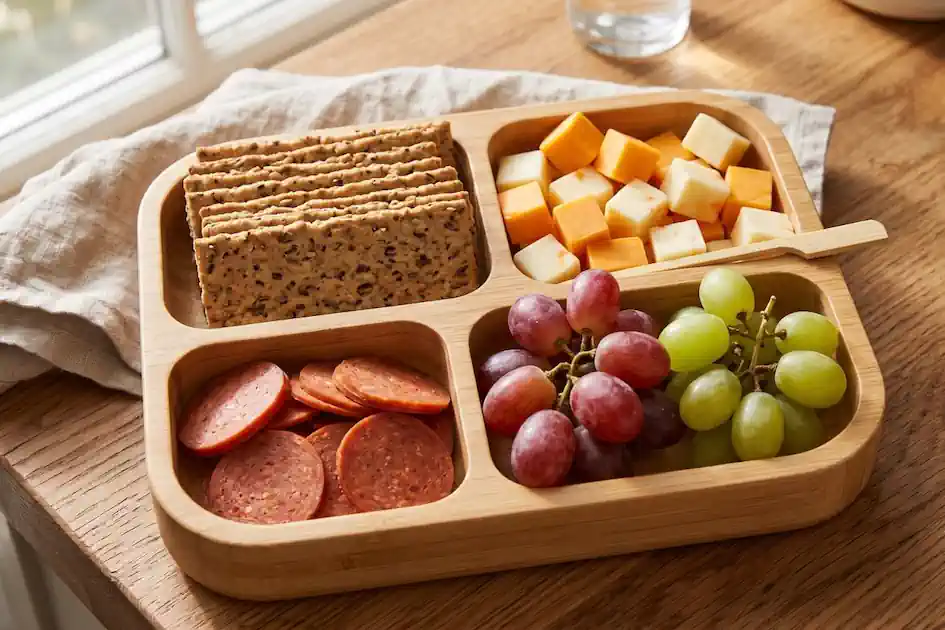 Colorful charcuterie board with snacks