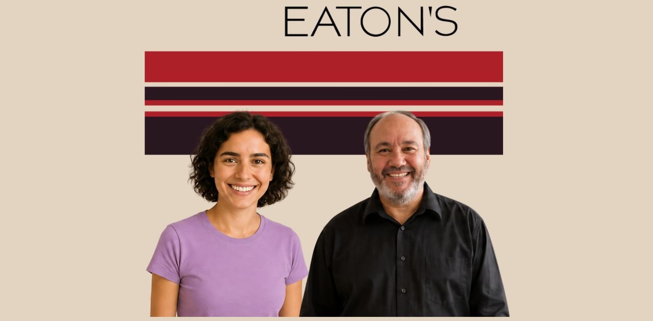 Two smiling individuals with Eaton's Department Store logo