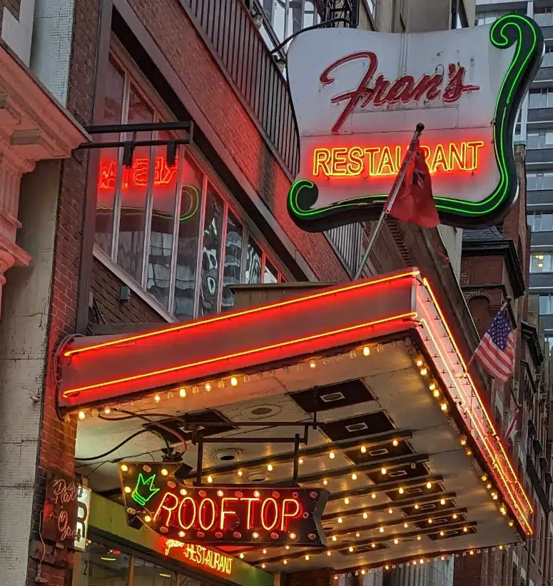 Marquee of the Fran's Restaurant location at 20 College Street, Toronto, Ontario