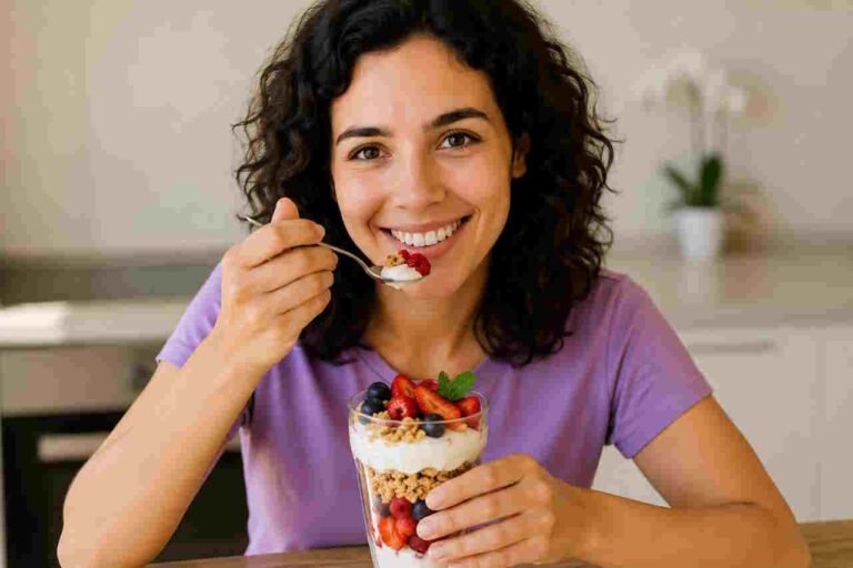Verrines faciles Woman enjoying a berry parfait dessert.