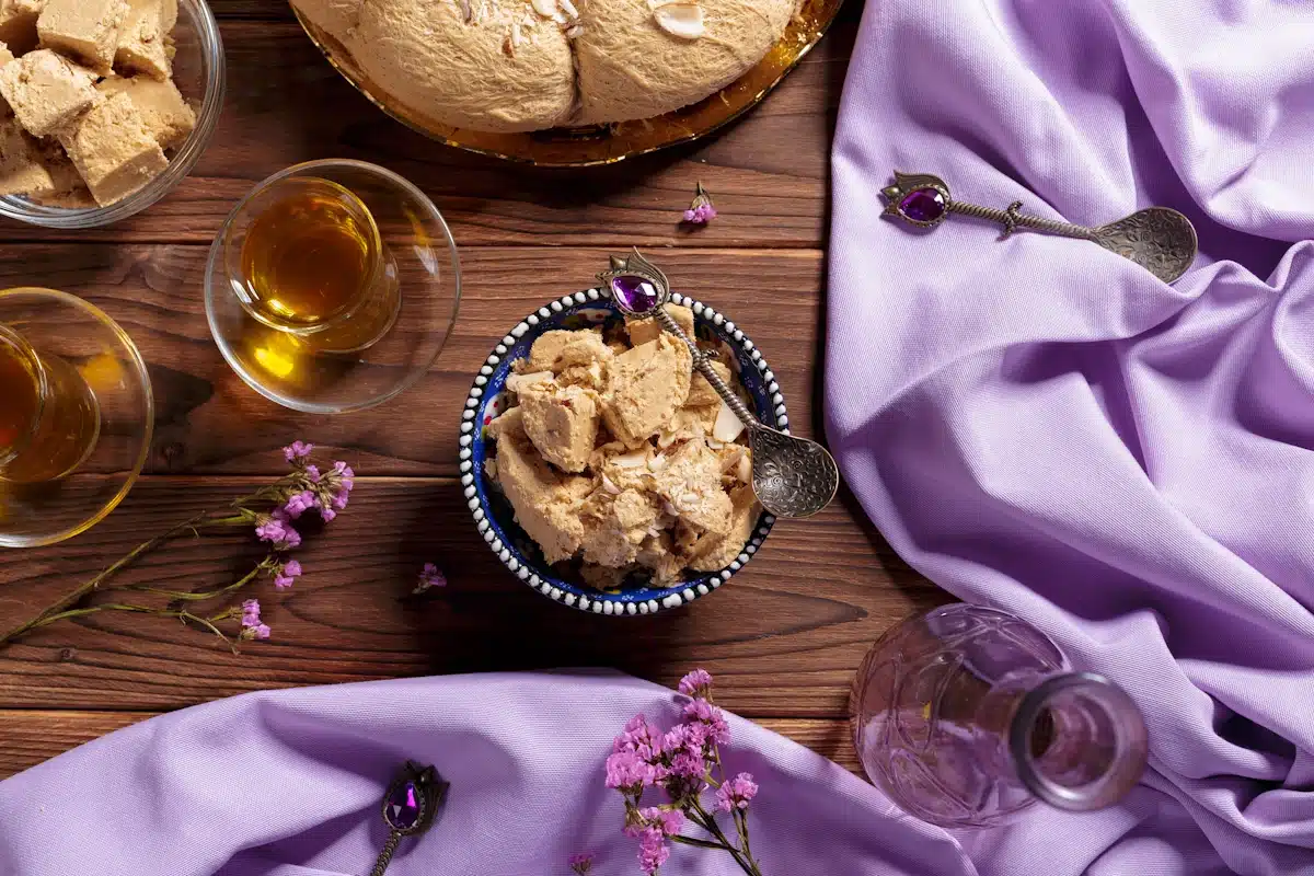 gluten-free and Tasty halva with tea on the table. creative photo