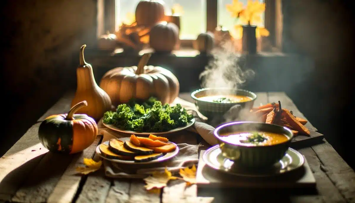 Colorful autumn harvest spread on rustic wooden table: roasted squash, kale salad, pumpkin soup, sweet potato wedges. Warm sunlight filtering through window, highlighting steam rising from dishes.