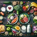 with a dark purple background, featuring elements that represent healthy eating for people over 50. Include visuals such as fresh vegetables