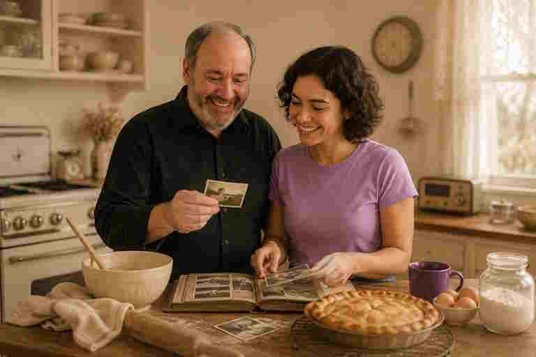 A man and woman smile while looking through old family photographs in a warmly lit vintage kitchen, surrounded by baking ingredients, a homemade pie, and nostalgic décor.