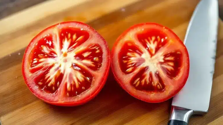How Dull Knives Are Ruining Your Food photo of a knife beside a tomato that it cut in half on a wooden board