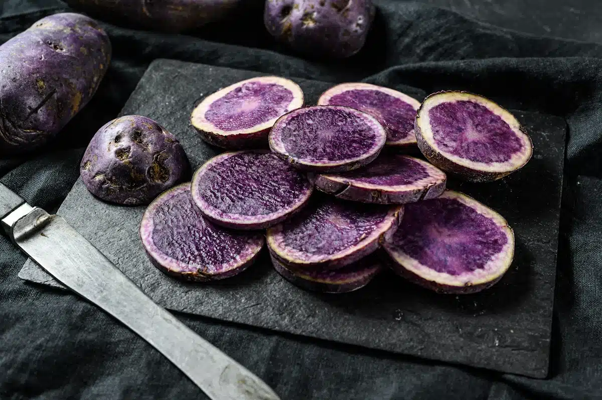 Include colourful potatoes for your child's lunchbox, pictured here areRaw sliced purple potatoes