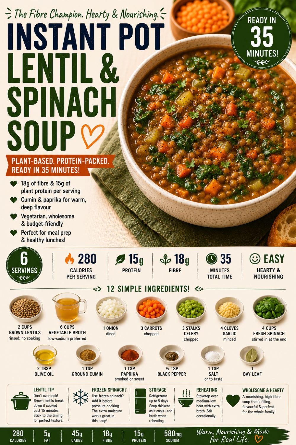 Quick Soup Recipes | 13 Instant Pot Soups Under 35 Min 19 Instant Pot Lentil and Spinach Soup