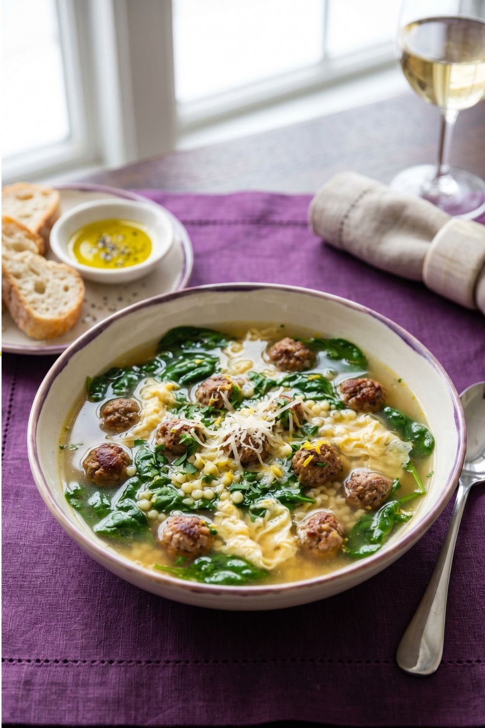 Hearty Italian Wedding soup with meatballs and spinach