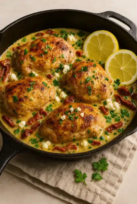 Golden Mediterranean Chicken Recipe in creamy lemon sauce