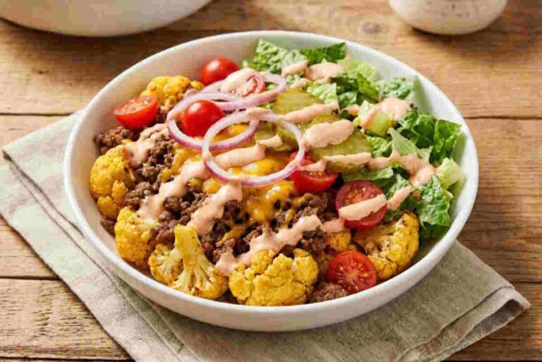 Loaded Burger Bowl recipe with a Colourful bowl of healthy ingredients