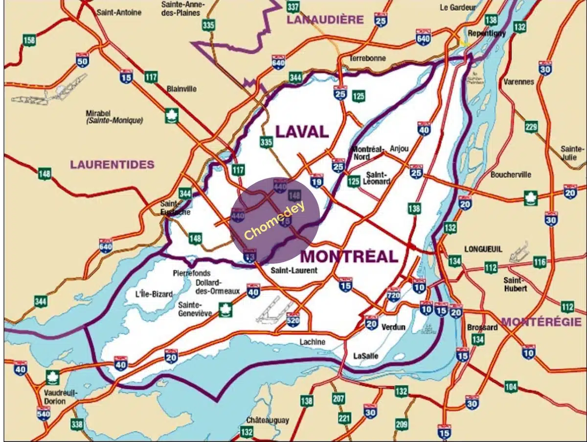 Locating Chomedey, Laval, north of Montreal on a map