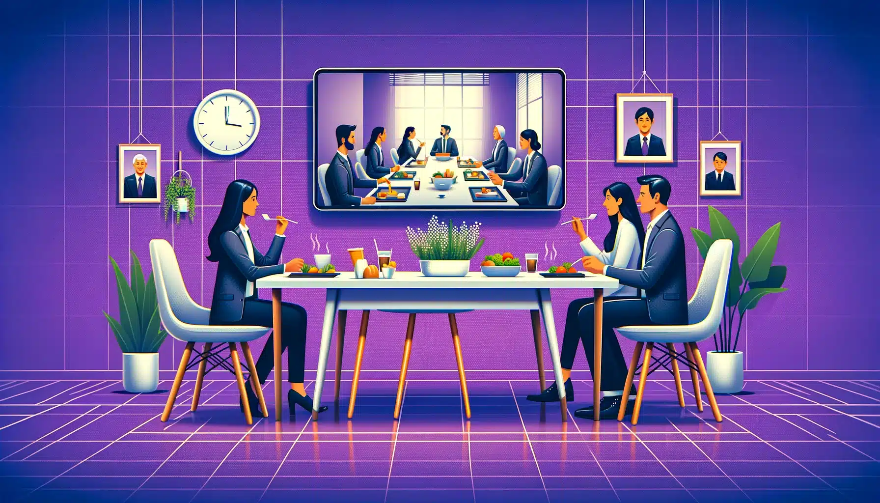 Lunch-At-the-Office-Reinventing-the-Lunchtime-Connection-A-16_9-image-with-a-purple-background-featuring-a-modern-office-lunch-scene.-The-scene-includes-colleagues-sitting-together-at-a-stylish-lunch-table