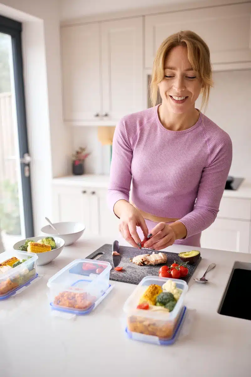 Woman Wearing Fitness Clothing At Home In Kitchen Making Healthy lunches For The Freezer