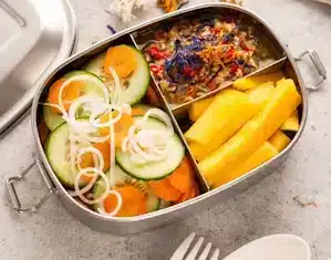 A photo of a bento box filled and ready for lunch